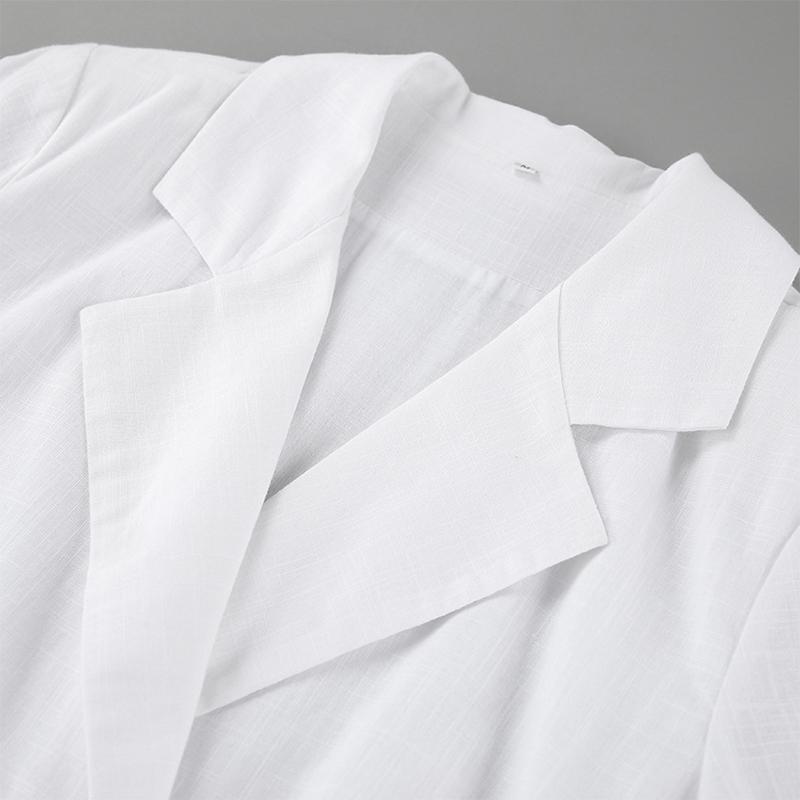 Witte Katoen en Linnen Slim Ruffles Rand Jurk Dames Slim Heupomsluitende Jurk Revers Lange Mouwen Mode Lente en Zomer