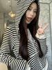 Women's Little Devil Stripe Patchwork Hooded Zipper Cardigan - Spring Color Block Slim Fit Sweatshirt