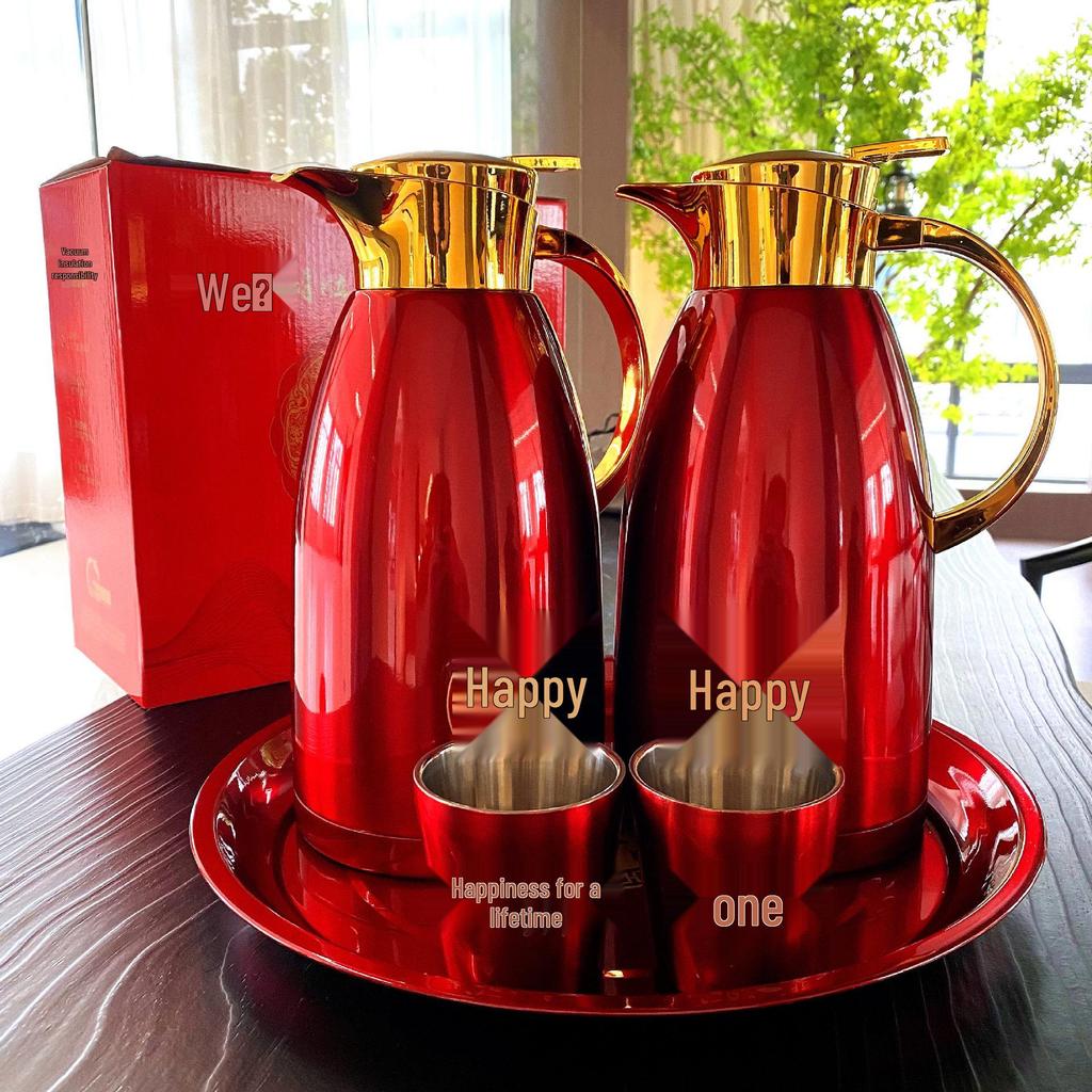 Red Stainless Steel Thermos Flask Set - Wedding Dowry Hot Water Bottles (Pair)