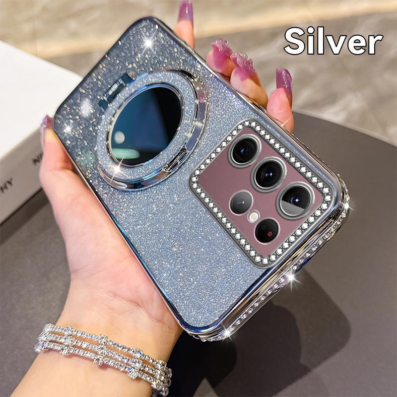 KEYSION Glitter Jewelled Magnetic Phone Case for Samsung Galaxy S22 Ultra S21+ Plus S20 FE Makeup Mirror Stand Shockproof Cover