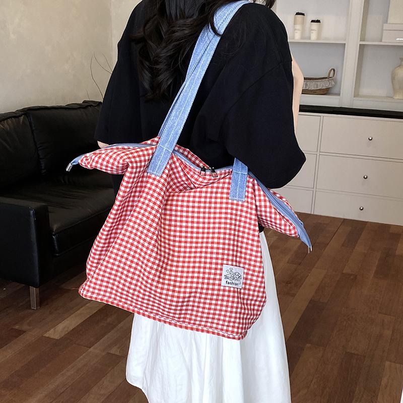 Women's Double-Sided Denim Bag Plaid Shoulder Tote Bag