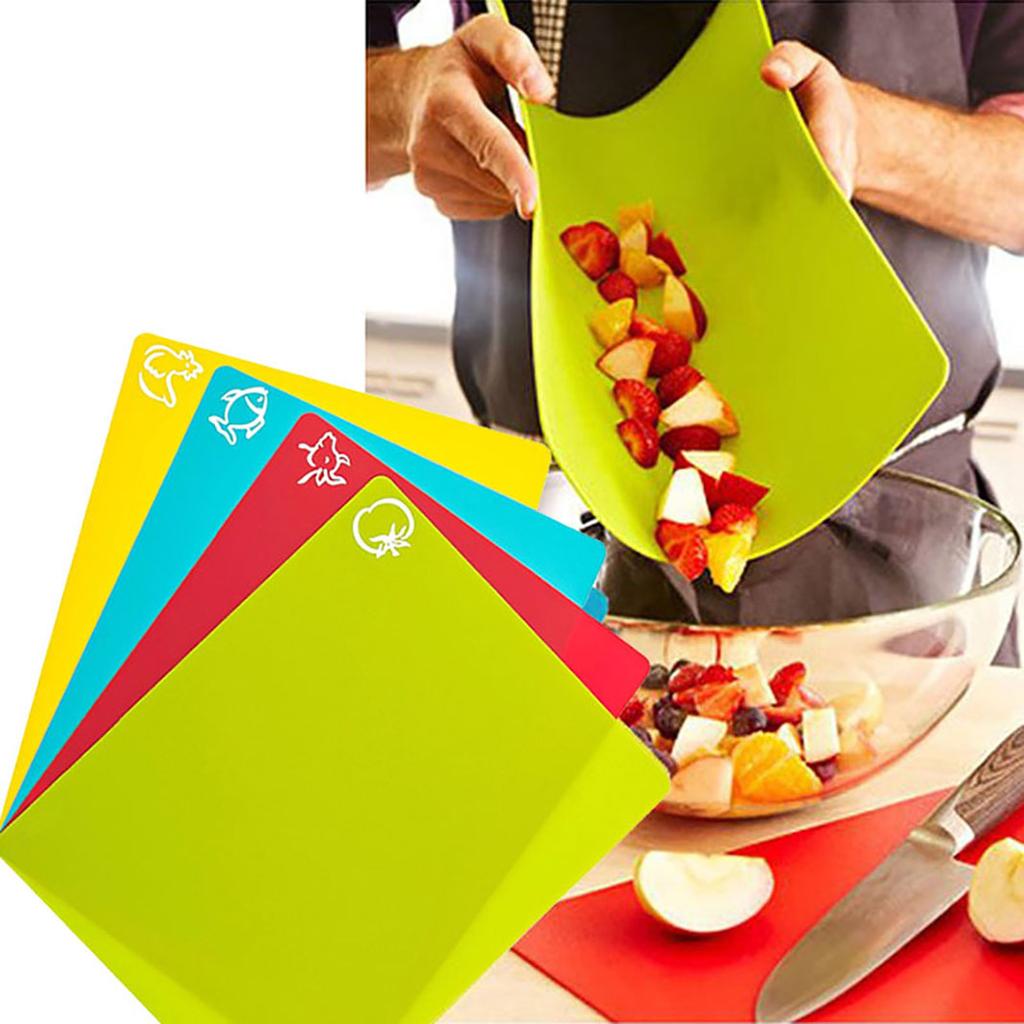 Flexible Plastic Non Slip Chopping Board Set Of 4 With Food Icons Kitchen Cutting Mats