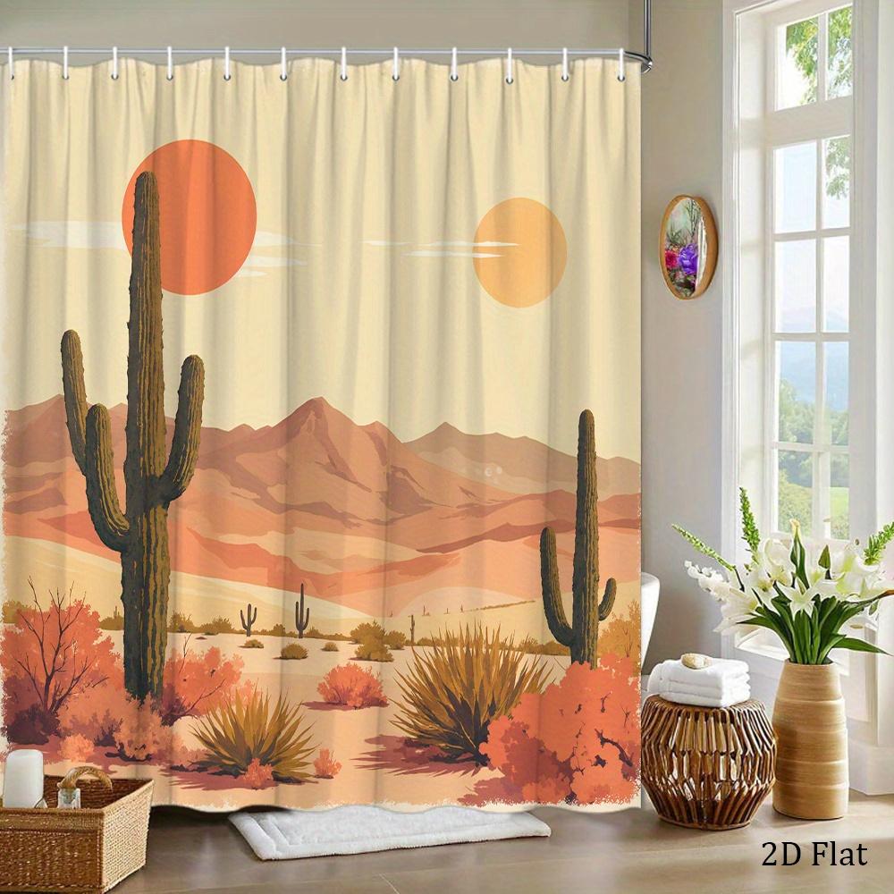 

Desert Landscape Shower Curtain Mid-Century Cactus And Sunset Print Polyester Bath Curtain With 12 Hooks For Boho Decor W60H190(CM)-1 Pcs