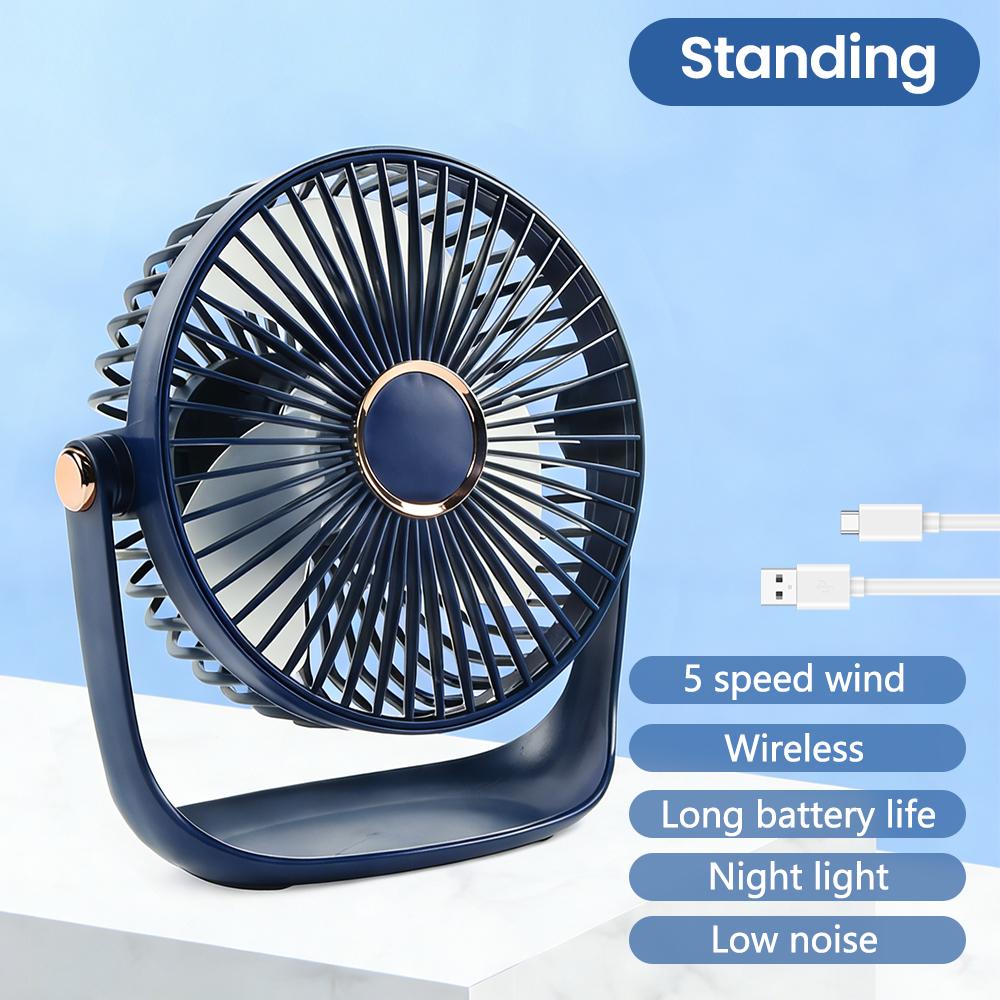 Home Portable Mini Desktop Fan USB Rechargeable Fan 5-Speed Wind and LED Light 360° Rotation 6 Inch Quiet Fan for Bedroom Office