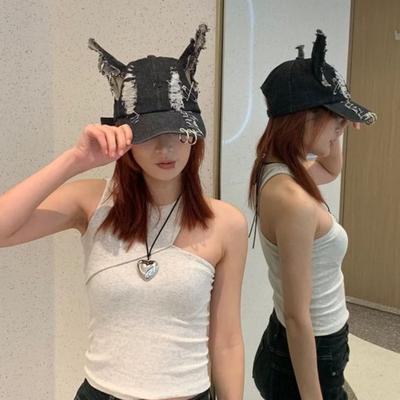 Y2K Roztrhaná Džínová Baseballová Čepice Štěně Králičí Uši Snapback Čepice Univerzální Řetízky Doberman Uši Klobouk Pánské