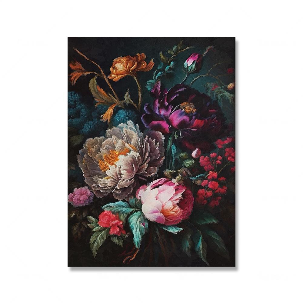 Light Dark Floral Vintage Oil Painting on Canvas Poster Still Life Botanical Floral Fauna Print Gallery Wall Art Picture Decor