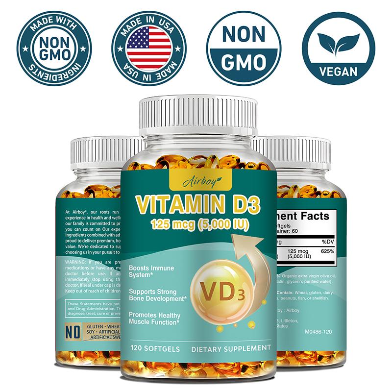 Vitamin D3 Softgels Support the Immune System, Bone Development, and Muscle Function. 120 Softgels.