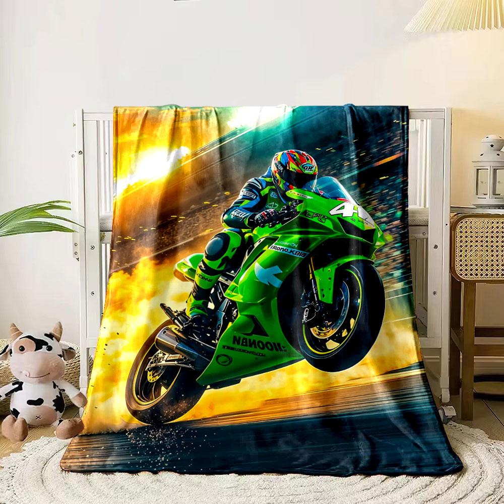 A green motorcycle with a rider performing a dynamic front wheel lift. for all seasons blanket lunch break throw gift 80cm x 120cm