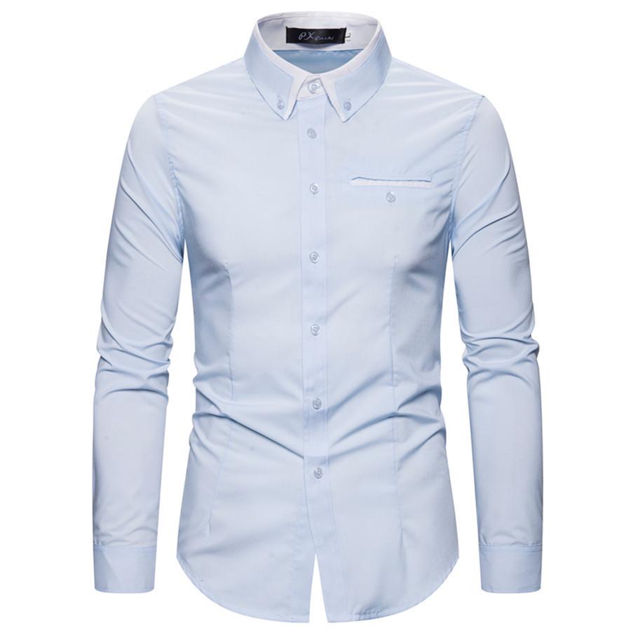 Men's Autumn Fashion Double Collar Solid Color Slim Fit Long Sleeve Shirt