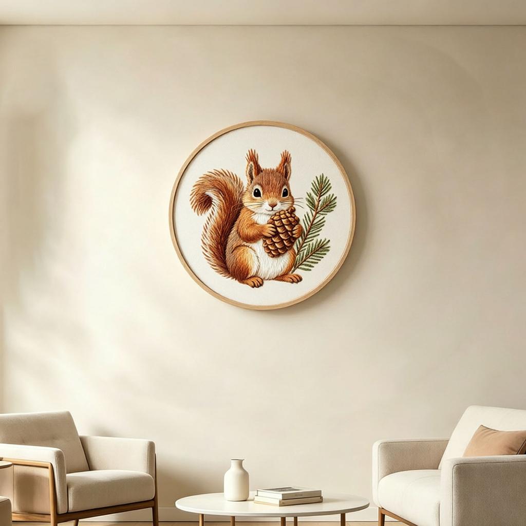 Cute Squirrel Hand Embroidery Kit, Set with 20 Cm Embroidery Hoop, Scissors and Needle Threader, DIY Wall for Bedroom