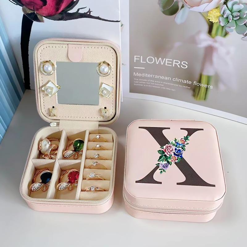 PU Leather Jewelry Box Mirror Storage Box 26 Letter Printed Portable Jewelry Organizer Earring Ring Necklace Case
