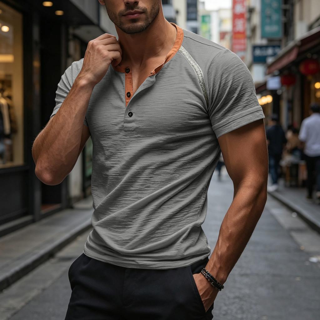 Men Casual Three Button Short Sleeve Henley Shirt Trim Raglan Crewneck Lightweight Summer Top