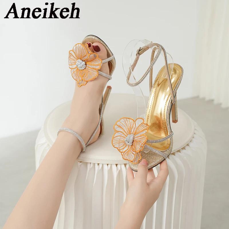 Aneikeh Summer Fashion Crystal Flower Open Toe Rhinestone High Heels Gladiator Sandal Female Elegant Women Wedding Prom Shoes