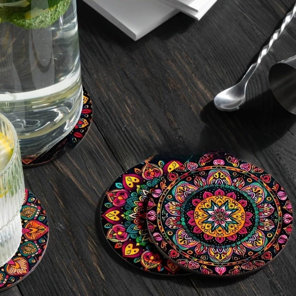 4pcs/set Gift Mandala Pattern Coasters Set Wooden Colorful Table Insulation Pad Insulation Function Home Decoration Home Decor