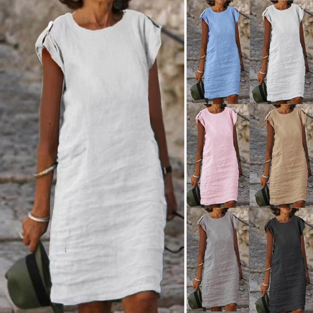 Womens Fashion Color Button Party Dresses Women Elegant O-Neck Short Sleeve Beach Dress Ladies Casual Loose A-Line Dress