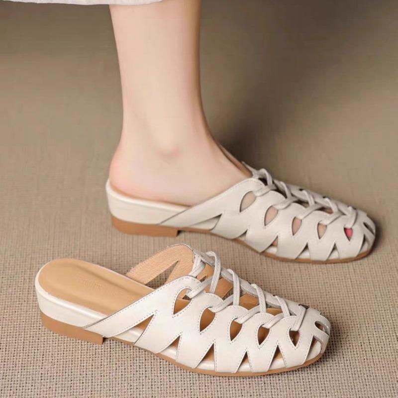 Fashion Summer New Heightened Vintage Woven Cutout Pleated Women's Cross Lace-Up Roman Sandals Non-Slip Slip-On Slippers