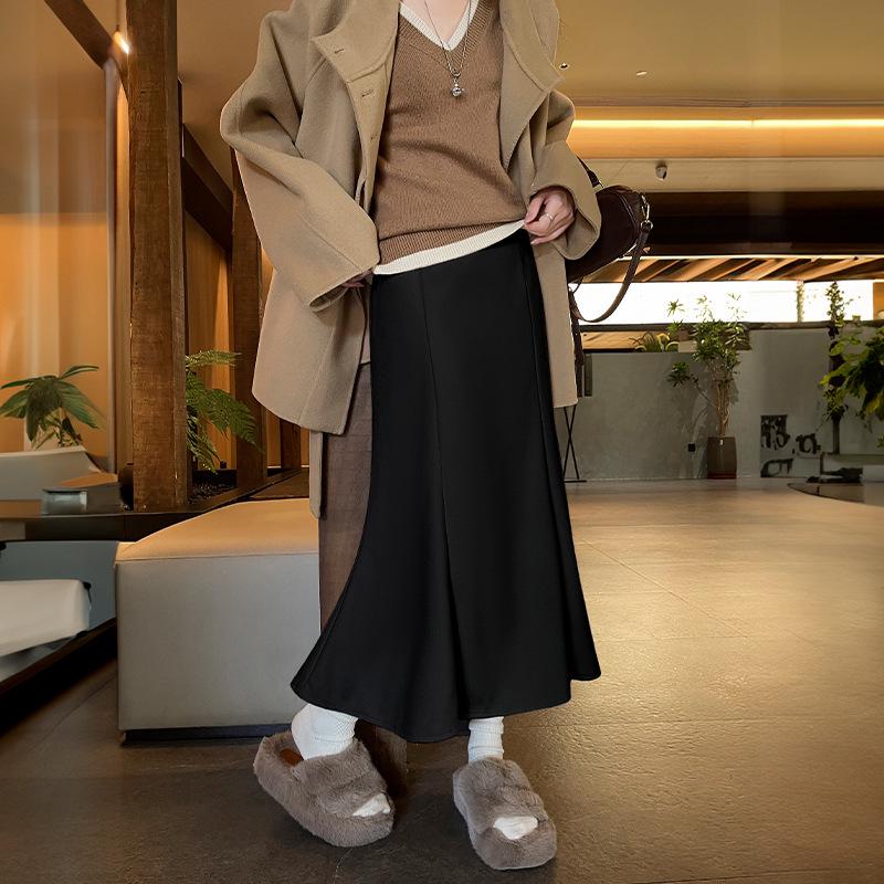 Women s Slimming White Wool Herringbone Midi Skirt - Autumn Winter 2025 Large чёрный