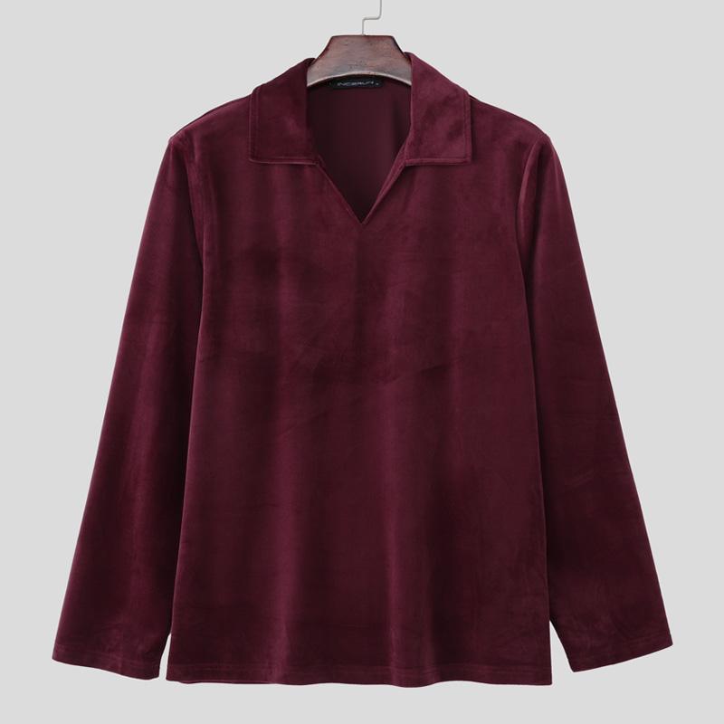 

INCERUN Autumn Men Lapel Long Sleeve Texture Casual Office T-shirts Tops 3XL вино красного