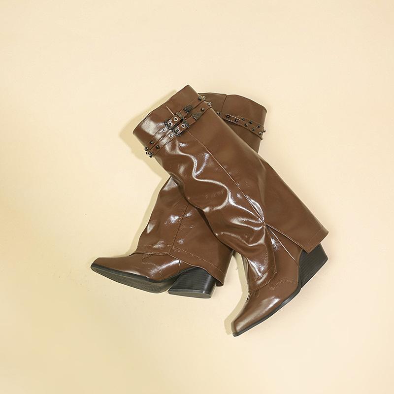 

Нишевый ремень с двойной пряжкой, декоративный рукав, брючная труба, ботинки, высокие женские ретро, толстый каблук, ковбойские сапоги в западном стиле 40 коричневый