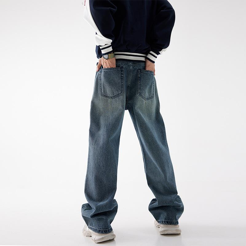 Jeans men's high street washed old men's American retro cleanfit wide-leg pants straight and thin floor-mopping trousers