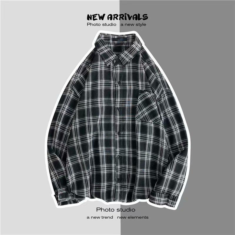 

Рубашка оверсайз в клетку в стиле рабочей одежды - Модная с длинным рукавом, Повседневный ретро-стиль, Универсальная осенне-зимняя верхняя одежда для пар M чёрный