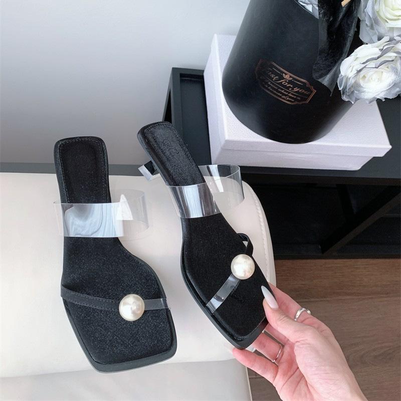 One-word transparent sandals women s new white high heels thin heel pearl cool slippers 35 чёрный 3309₽