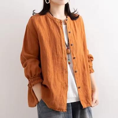 Women's Spring/Fall Literary Vintage Season Shirt Loose Round Neck Casual Jacket Top