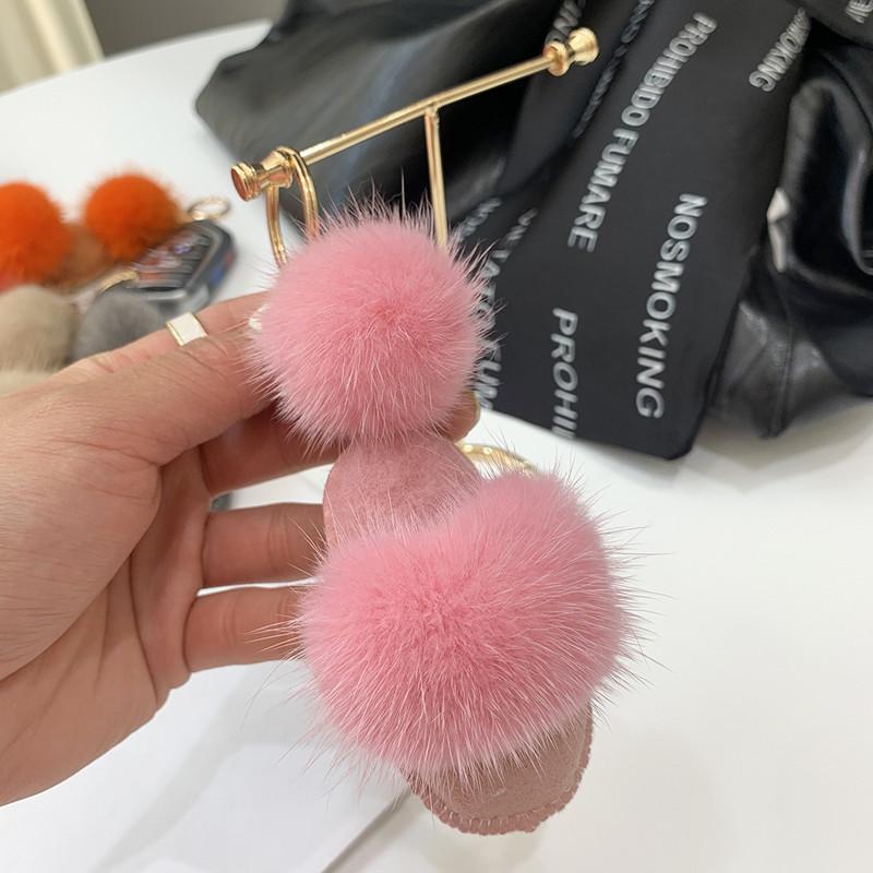 Luxury Fluffy Real Mink Fur Slippers Ball Pom Poms Fur High Quality Car Metal Ring Pendant For Women Bag Charm