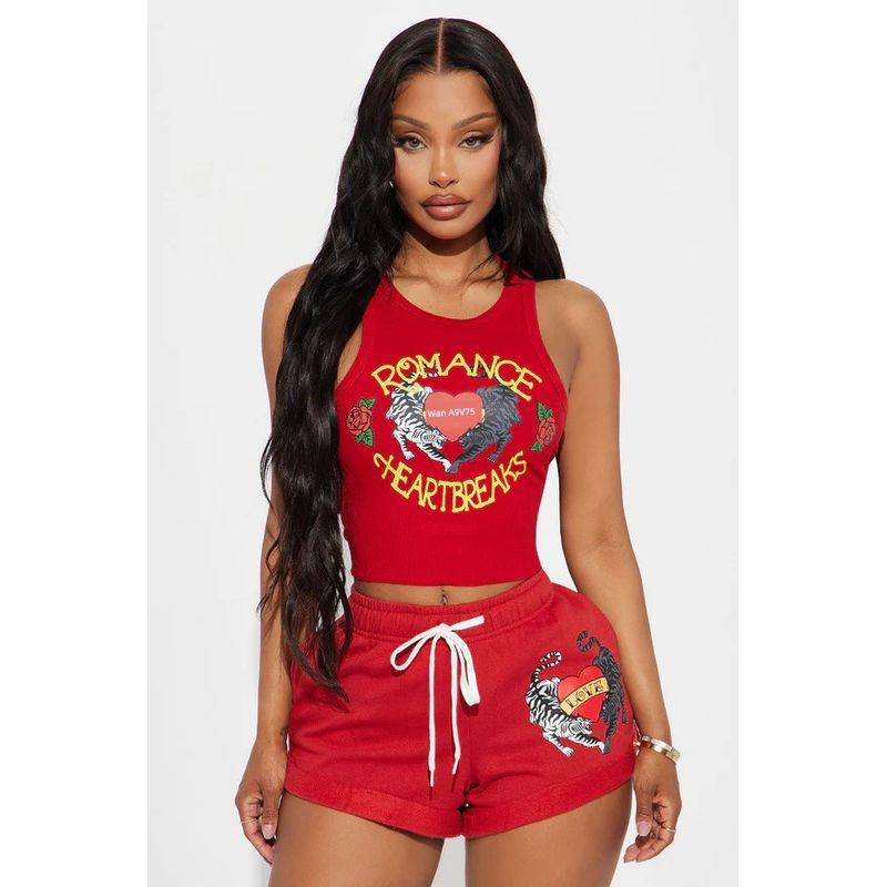 

Vest Shorts Casual Suit2025 European and American Style Women Positioning Print Vest Shorts Casual Suit Red L