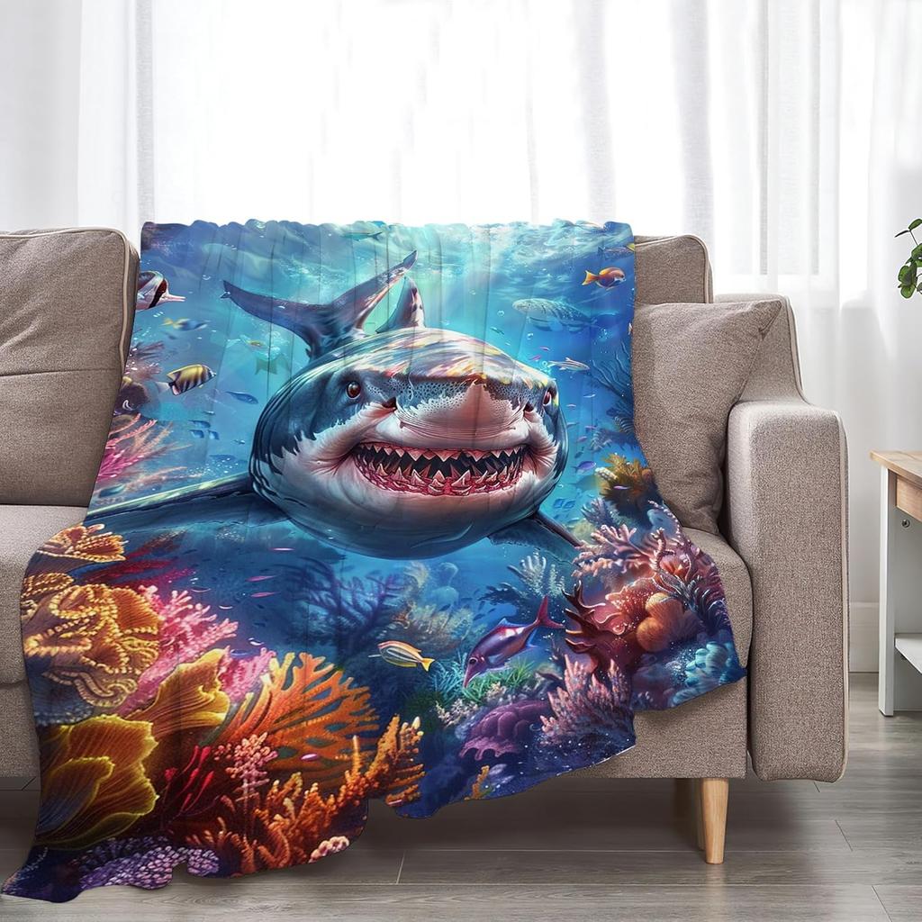Funny Shark Ocean Throw Blanket - Soft Warm Cozy Fleece for Girls, Women, Men, Boys - Shark Gifts and Decor for Couch, Sofa, Bed