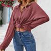 BITCED Women's Fall/Winter Polo Neck Button-Up Solid Color Long-Sleeve T-Shirt