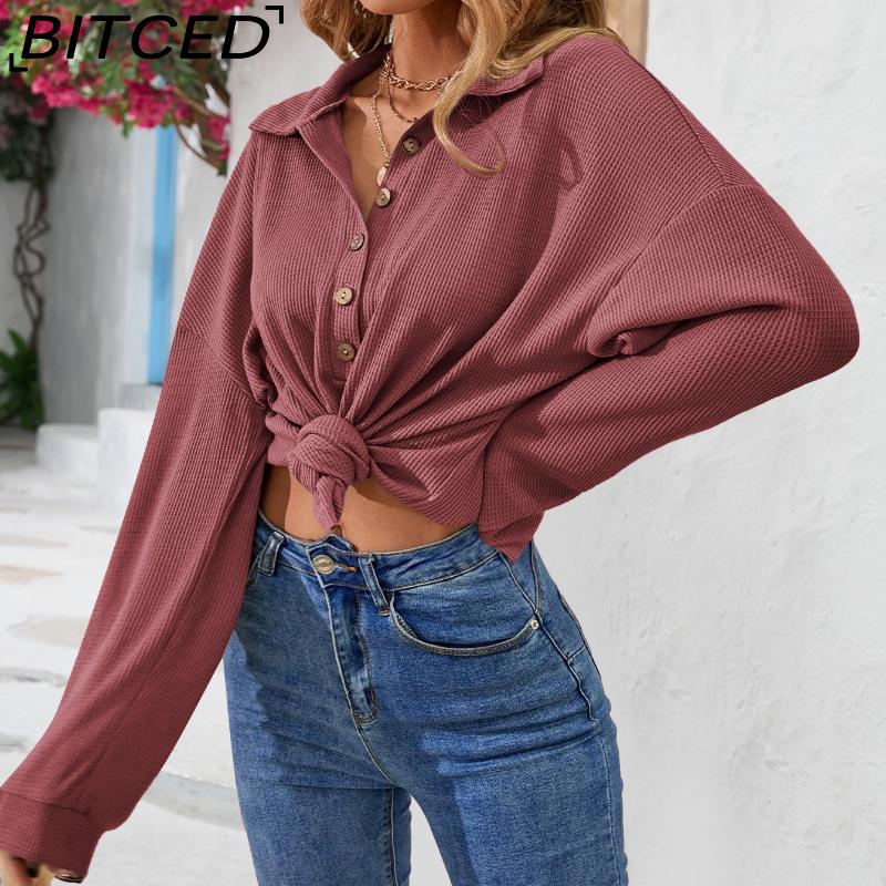 BITCED Women's Fall/Winter Polo Neck Button-Up Solid Color Long-Sleeve T-Shirt