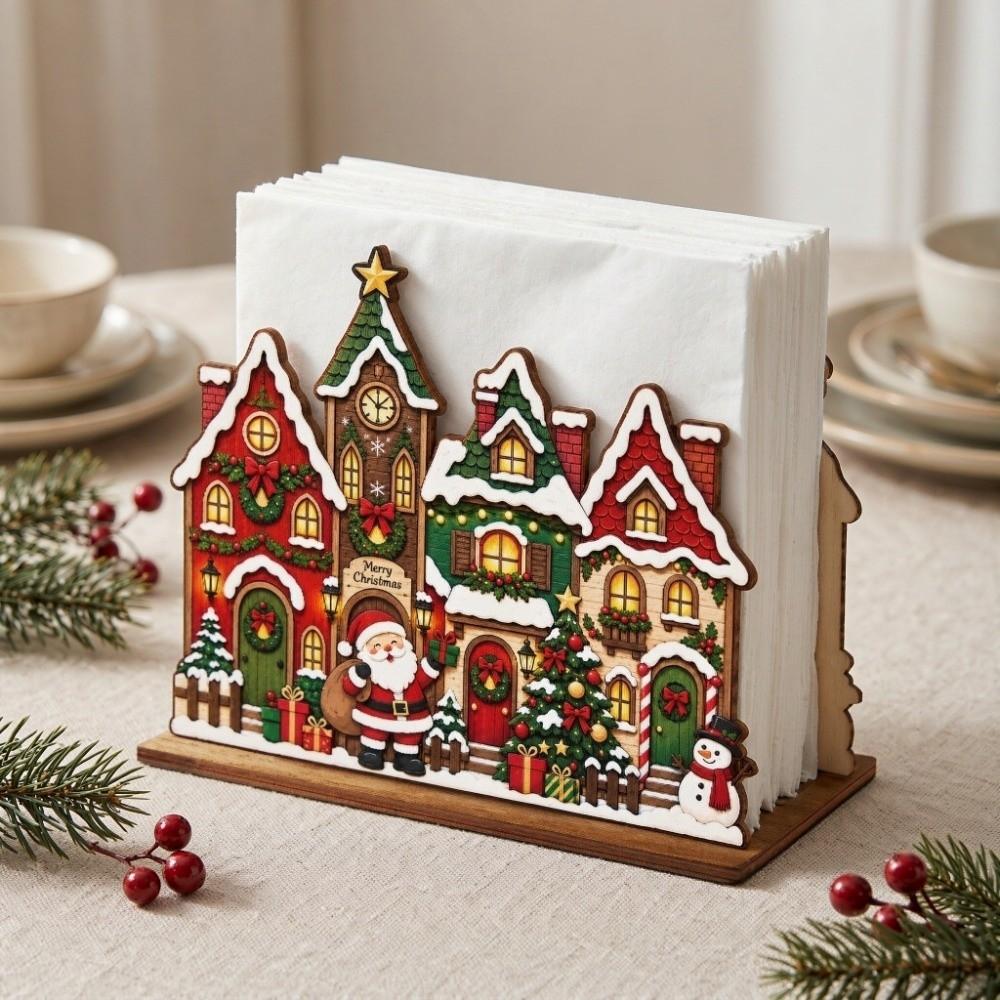 Cartoon Christmas Wooden Napkin Holder Snow House Desktop Tissue Box Tissue Storage Rack Party