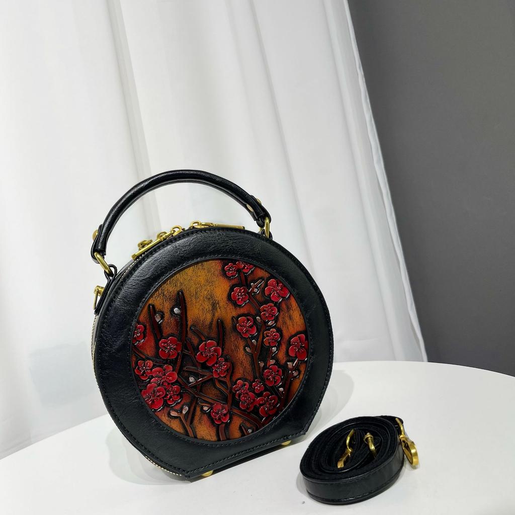 Ethnic Vintage Round Crossbody - Handmade Carved Flower Women's Shoulder Bag Minimalist Texture Commuter Large Capacity Tote Bag