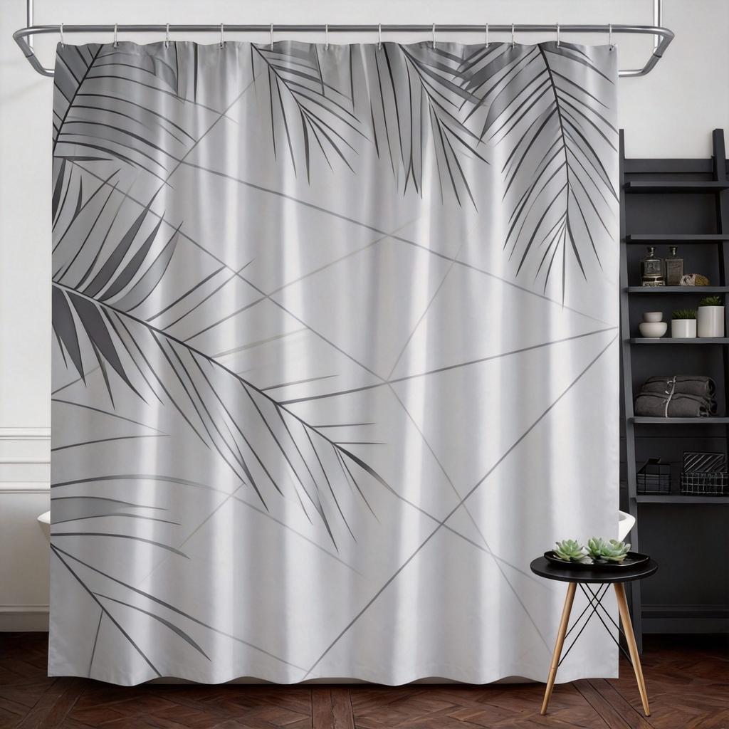 Palm Leaf Shower Curtain 180x180cm – Tropical Green on White, Minimalist Bathroom Decor, 12 Hooks Bath decorative shower curtain