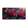 Decorative Signs& Plaques- 2D Flat, for Decorative Use Only Decorative License Plate Cover and Frame, Made of Metal, Featuring a Rose and Butterfly De