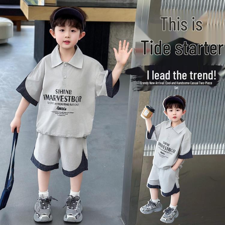 Boys' Trendy Summer Polo Collar Cotton Patchwork Two-Piece Set: Stylish Short Sleeve Shirt & Shorts