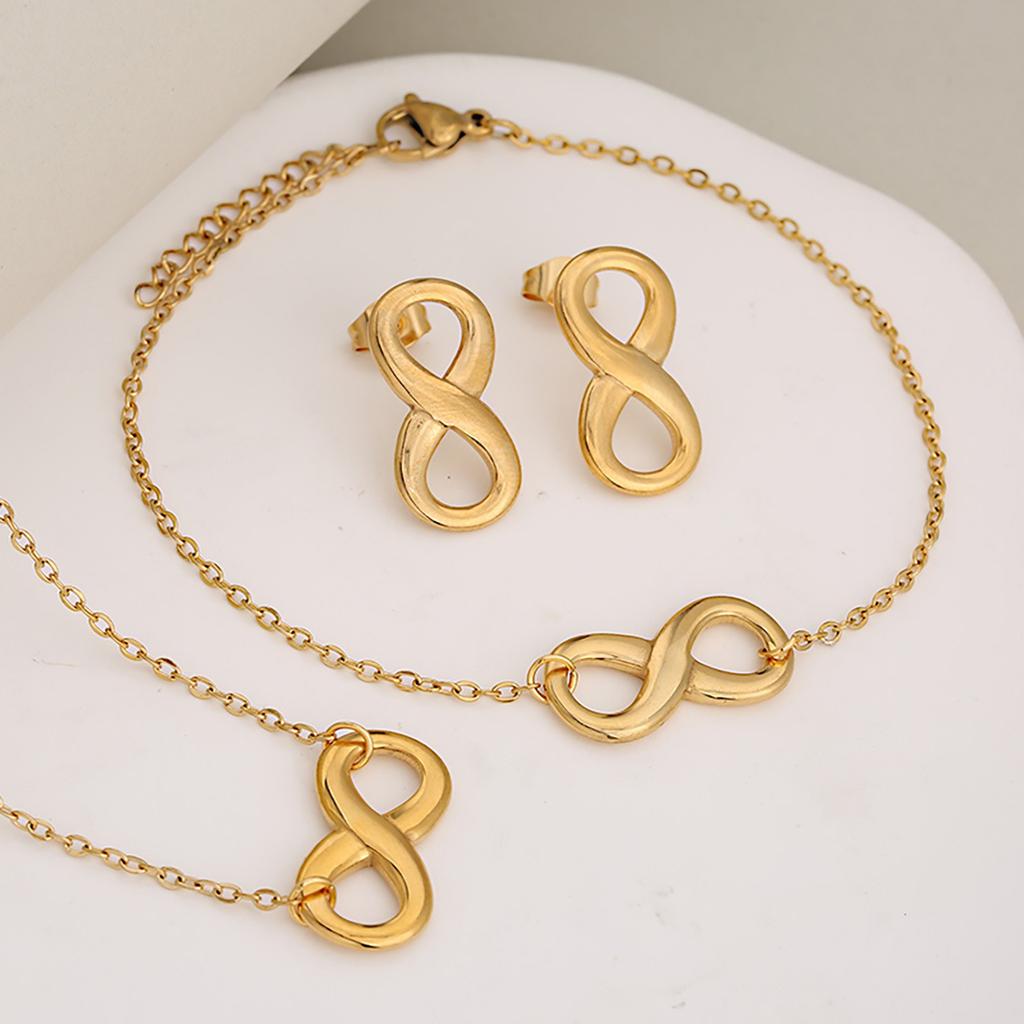 Stainless Steel Infinity Jewelry Set Smooth Polished Infinity Stud Earrings Necklace Bracelet 3Pcs Women Minimalist Jewelry Gift