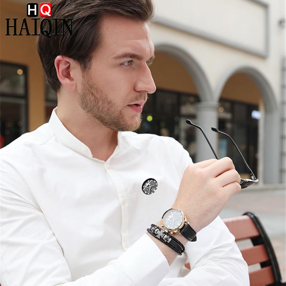 HAIQIN Pánské hodinky pro volný čas Kožené mechanické hodinky Pánské automatické hodinky Tourbillon