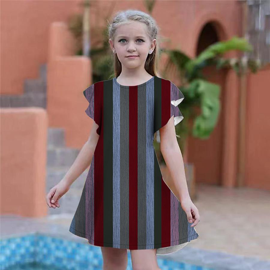 Girls Red Vertical Stripe Print Dresses Kids Girl Party Dress Loose Fitting Loose Fitting Short Sleeved Skirt For Girls Over Four Years Old