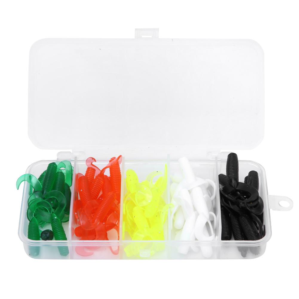 50 Pcs 5 Colors Double Tail Soft Rubber Artificial Fishing Lures Baits Fish Tackle Accessories Kit
