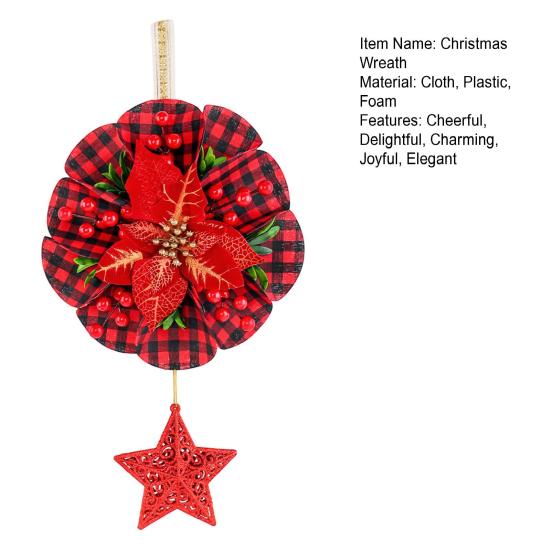 Christmas Wreath Decoration Red Artificial Poinsettias Buffalo Plaid Wreath with Star/Tree Ornament for Wall Window Porch Door Indoor Outdoor Decor