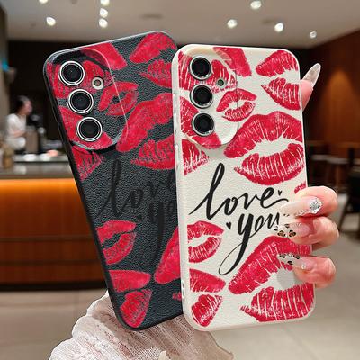 Rote Lippen Print Leder Textur Fall für Samsung S25 S24 FE S23 Ultra S22 S21 A16 A56 A36 A15 A55 A35 A14 A26 A25 Stoßfeste TPU Matte Weiche Telefon Abdeckung
