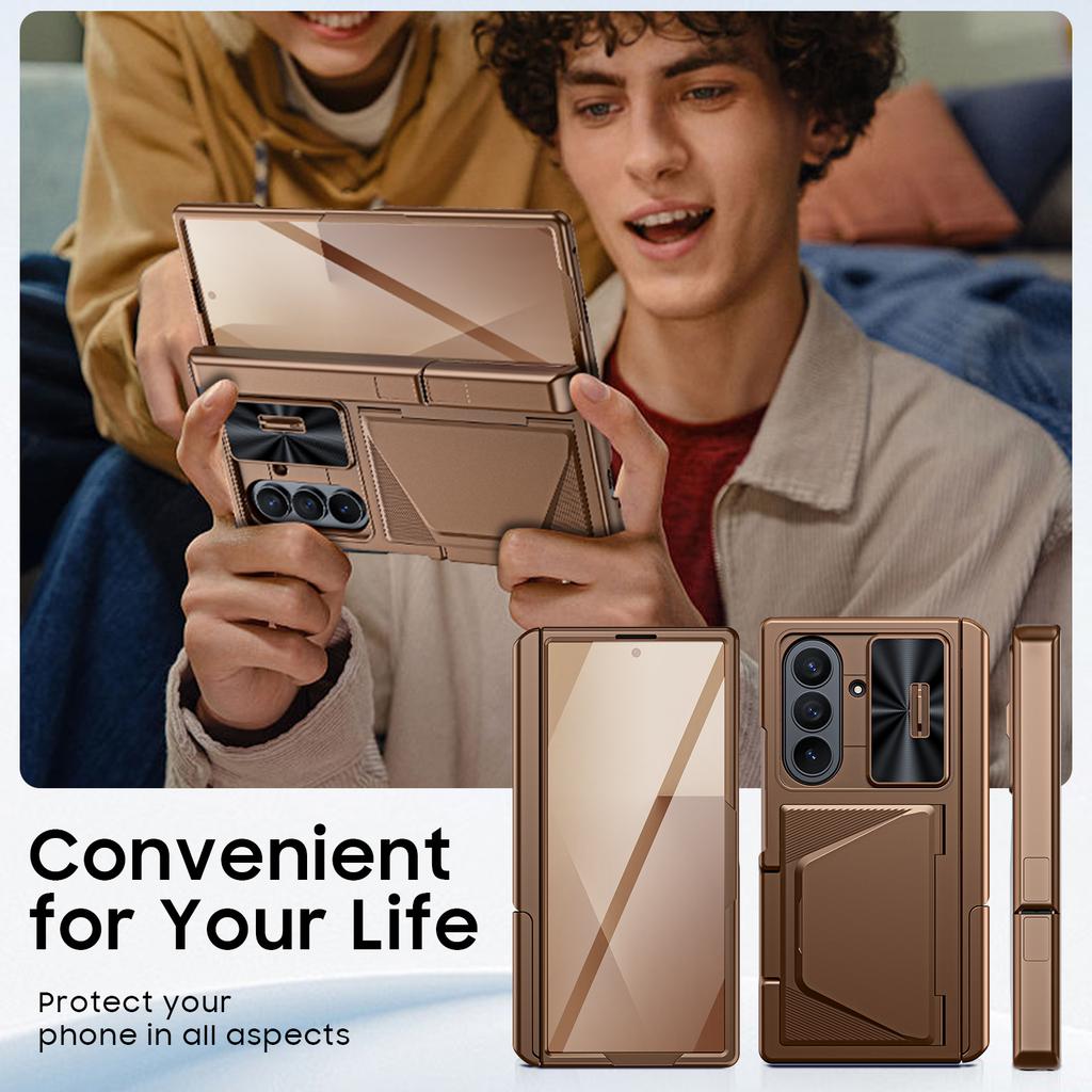 for Samsung Galaxy Z Fold 7 With Card Holder RFID Blocking,Built in Slide Lens Cover & Hinge Protection&Kickstand & Screen Protector,Wallet Case-Gold