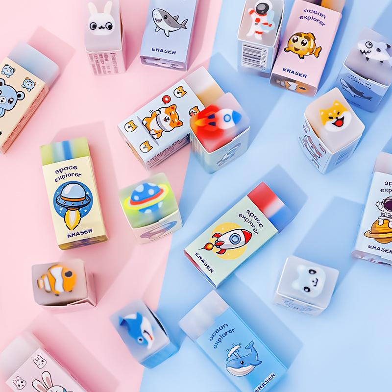 3pcs Creative Cute Cartoon Ocean Universe Pet Series Sandwich Eraser Student Stationery Rewards Painting Eraser for Art Class