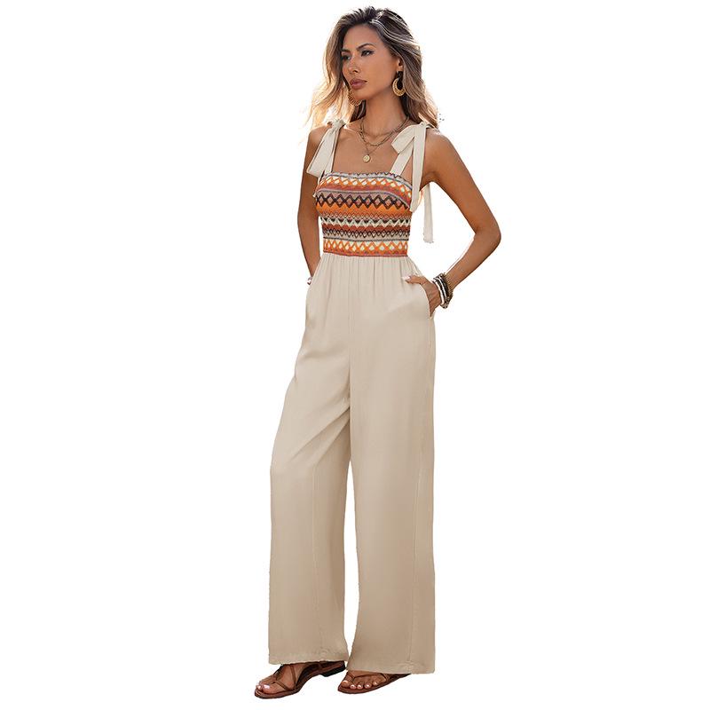 Combinaison pour femme 2026 Style ethnique Broderie couleur Taille haute Bretelles Sans manches