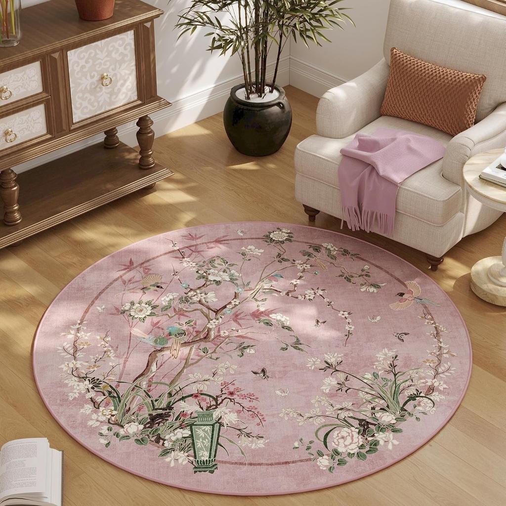 Chinese Floral Bird Pattern Round Rug Flower Birds Tree Print Classic Home Decor Carpet Soft Non-Slip Floor Mat for Living Room