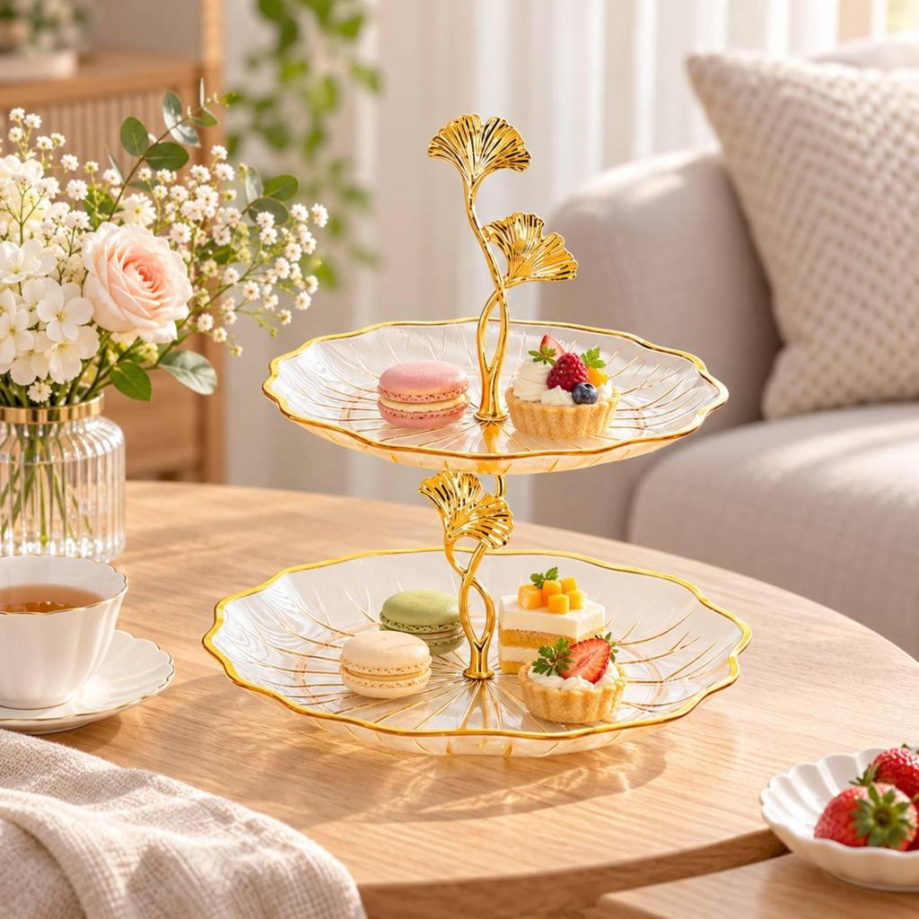 Shaped Two-Tier Serving Tray Elegant Snack Stand with Floral Supports