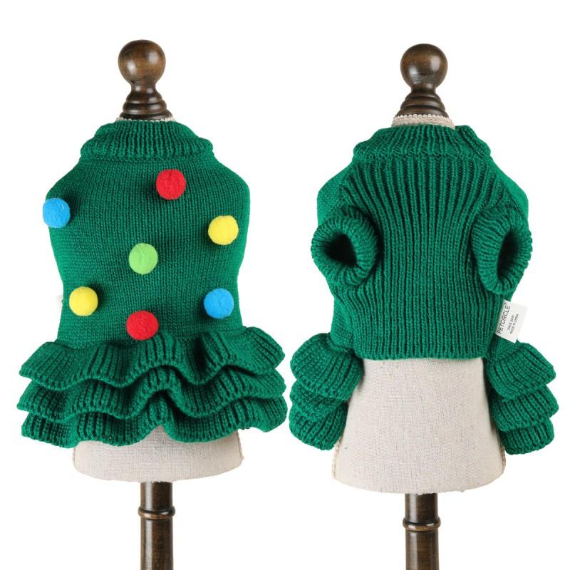 Pet Knit Sweater Dress With Christmas Tree Colorful Pom Poms Warm Winter Outfit Small Dogs Cats