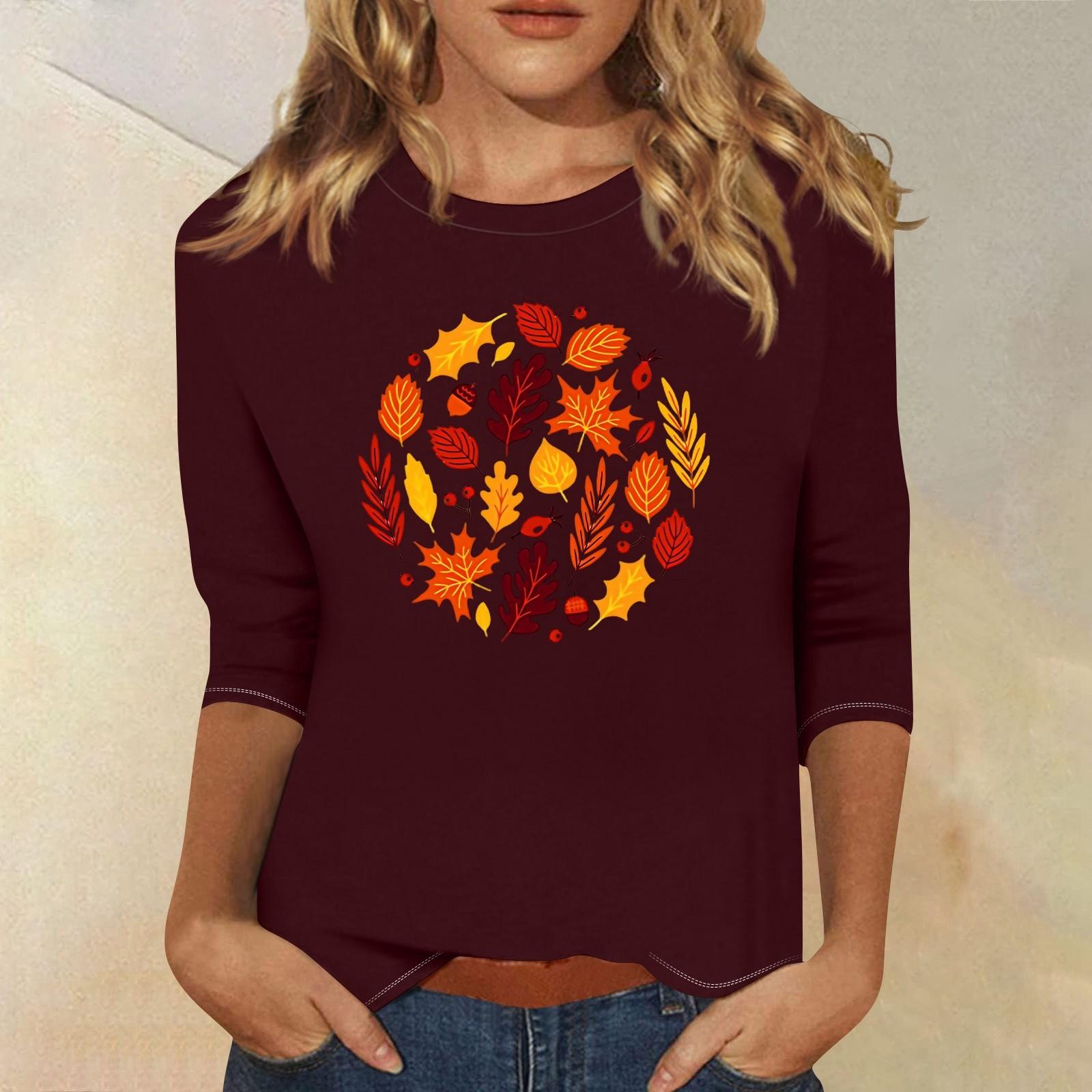 

Топи з рукавами 3/4 для жінок Футболка Повсякденні топи з принтом Футболка з круглим вирізом Пуловер Блуза M винний